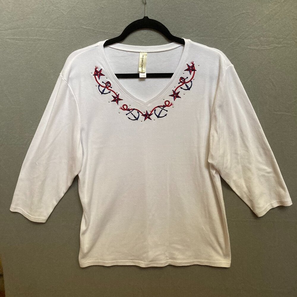 DECORATED ORIGINALS Womens Vneck White Pullover Size XL Nautical Patriotic